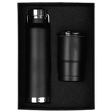 A drink bottle and tumbler set in black, presented in a black gift box with a textured interior.