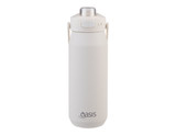 A drink bottle in matte white with a quick release lid and a logo on the front.