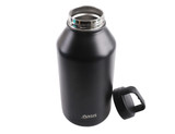 A drink bottle in matte black with a stainless steel opening and a removable lid, featuring a logo.