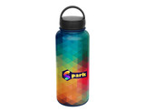 A drink bottle with a geometric pattern in blue, green, orange, and yellow, featuring a lid and a logo.