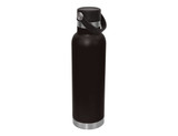A drink bottle in black with a stainless steel base and carry lid. It features a sturdy handle and a logo.