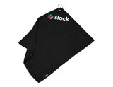 A black golf towel with a logo and a corner loop for attachment.