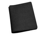 A black passport wallet with a textured surface and stitched edges, featuring a logo on the front.