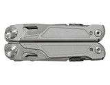 A multi-tool with a sleek grey finish, featuring various tools and a textured grip. It includes a logo on the side.