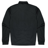 A black kids' jacket with a simple design and elastic cuffs, featuring a branding logo.
