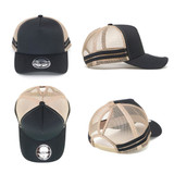 A black and tan Ponytail Cap featuring mesh panels and a circular logo on the front.