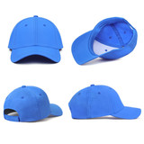 Four views of a blue cap made from ripstop material, featuring a curved brim and an adjustable back.