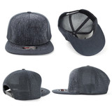 A grey cap featuring a textured design, showcasing different angles and an inner view, with a logo present.