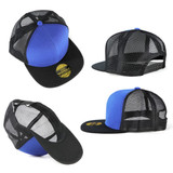 A blue and black kids snapback cap featuring a mesh design and a logo on the front.