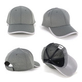 A grey waffle mesh cap with contrasting trim, featuring a logo, shown from multiple angles.