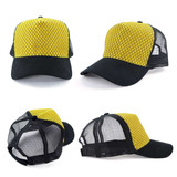 A yellow and black trucker cap with mesh detailing and a logo on the front.