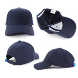 A navy blue cap featuring a structured design and an adjustable strap, with an internal logo.