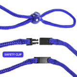 A blue rope with a toggle and safety clip, showcasing a secure fastening mechanism.