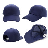 A navy blue Polymesh Cap featuring a structured design and a mesh back, with a logo displayed.
