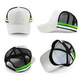 A five-panel trucker cap in grey and black with mesh sides, featuring a green stripe and a branded logo.