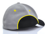 A grey cap with a black brim and yellow accents. The cap features a logo on the side.