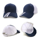 A navy and white cap featuring a logo, with a curved brim and adjustable back.