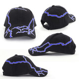 A black cap featuring blue lightning bolt patterns and a logo. Multiple angles of the cap are displayed.