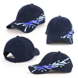 A navy cap featuring a splash design with a logo. It has a classic curved brim and an adjustable strap.