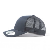 A navy trucker cap featuring a mesh back and a solid front panel, complete with a logo.