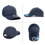 A navy blue bamboo cap featuring a front panel, curved brim, and rear strap, with a logo on the side.