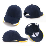 A cap featuring a navy blue design with yellow and white accents, showcasing different angles and an internal view.