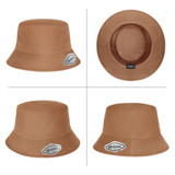 A tan premium bucket hat featuring a label and a smooth finish, with a wide brim and a textured interior.