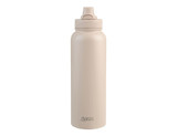A drink bottle in a light beige colour with a quick release cap and a logo on the front.