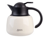 An insulated teapot in cream and black, featuring a strainer and a handle, with a logo on the front.