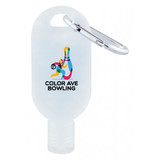 A clear 30mL hand sanitiser bottle with a carabiner, featuring a logo design.