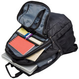 A black laptop backpack with multiple compartments filled with notebooks, pens, and a laptop. It features a logo.