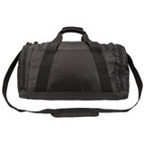 A black duffle bag with multiple straps and a padded handle, featuring a logo on the side.