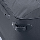 Black wheeled duffle bag featuring sturdy wheels and a zippered opening. Includes a logo on the side.