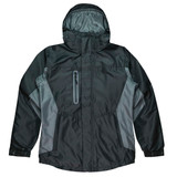 A dark grey and light grey men's jacket featuring a hood and zippered pockets, with a logo on the chest.