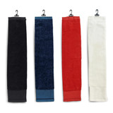 A set of four golf towels in black, navy, red, and white, each with a clip for attachment.