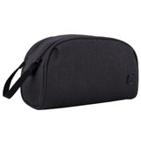 A dark grey toiletry bag with a sleek design and side handle, featuring a logo on the front.