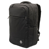 A black laptop backpack with a front pocket and side compartments, featuring a logo on the front.