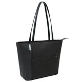 A black tote bag with long handles features a textured design and a front pocket, along with a logo.