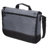 A grey and black laptop satchel with a front pocket and an adjustable shoulder strap, featuring a logo.
