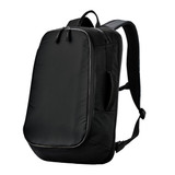 A black Aeronaut Backpack 25 with a sleek design and adjustable shoulder straps, featuring a branding logo.