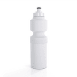 A drink bottle in white with a ribbed middle section and a black nozzle cap, featuring a logo.