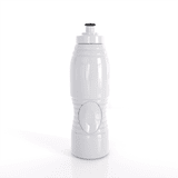 A drink bottle in white, featuring a sleek design and a cap at the top, with a logo present.