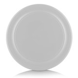A frisbee in a plain white colour with a smooth surface and rounded edges. It features a logo.
