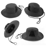 A black microfibre surf hat with mesh sides and a drawstring, displayed from multiple angles.