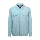 A light blue long sleeve outdoor shirt with two chest pockets and a branded label.