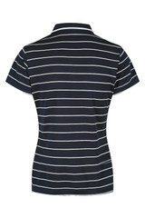 A navy and white striped polo shirt with a short collar and a fitted design. Features a logo on the chest.