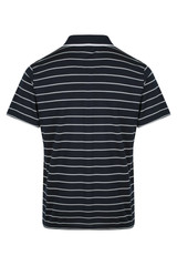 A navy blue polo shirt with white stripes and a collar, featuring a logo on the side.