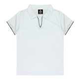 A white polo shirt with black trim and a collar, featuring a logo.