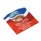A square fridge magnet featuring a colourful design with fish illustrations and a logo, primarily in red and blue.