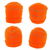 A bright orange beanie featuring reflective trim, displayed from multiple angles. It has a textured knit pattern.